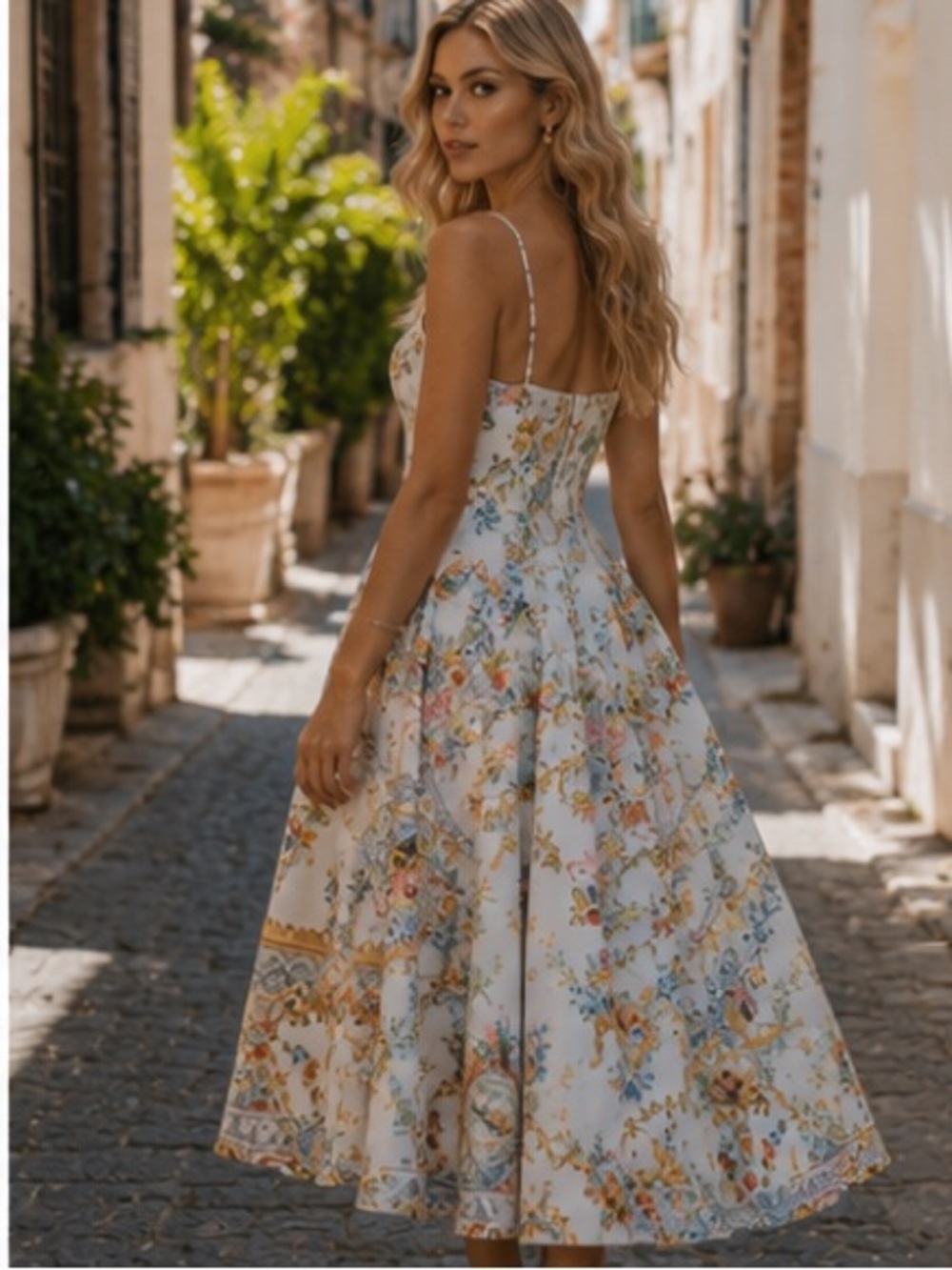 Camilla White Floral-Print Midi Dress with Spaghetti Straps - Picture 5 of 15